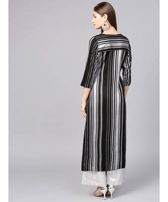 Women Black Geometric straight Yarn Dyed Rayon Kurta 3