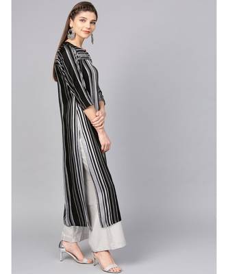 Women Black Geometric straight Yarn Dyed Rayon Kurta 5