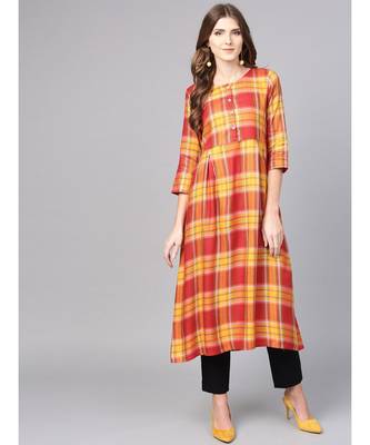 Women Red Geometric A-Line Yarn Dyed Rayon Dress 1