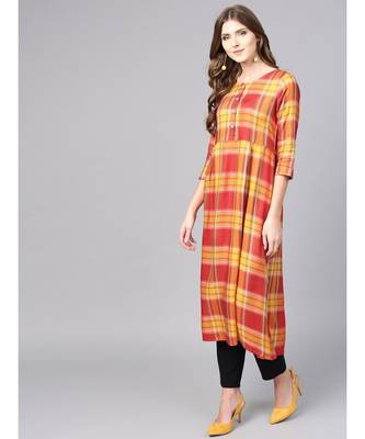 Women Red Geometric A-Line Yarn Dyed Rayon Dress 2