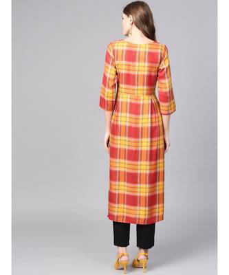 Women Red Geometric A-Line Yarn Dyed Rayon Dress 3
