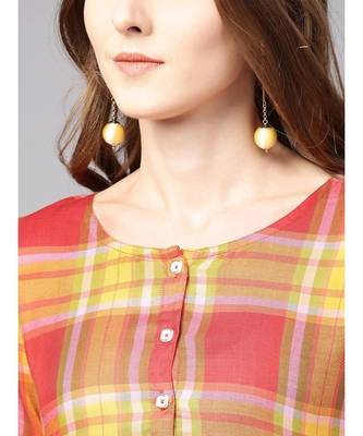 Women Red Geometric A-Line Yarn Dyed Rayon Dress 4