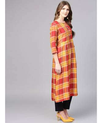 Women Red Geometric A-Line Yarn Dyed Rayon Dress 5