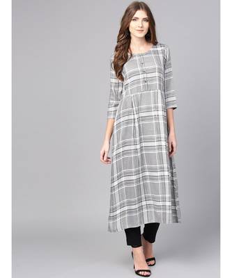 Women White Geometric A-Line Yarn Dyed Rayon Dress 1