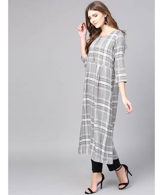 Women White Geometric A-Line Yarn Dyed Rayon Dress 2