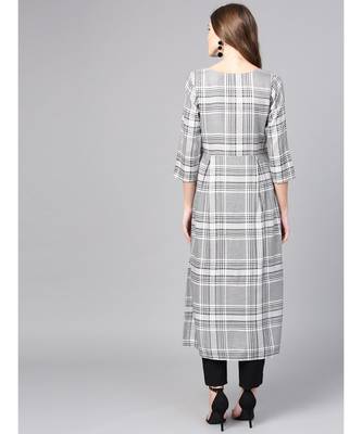 Women White Geometric A-Line Yarn Dyed Rayon Dress 3