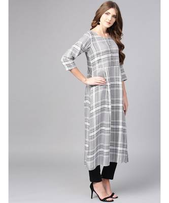 Women White Geometric A-Line Yarn Dyed Rayon Dress 5