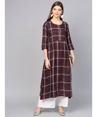 Women Brown Geometric A-Line Yarn Dyed Rayon Dress 1