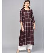 Women Brown Geometric A-Line Yarn Dyed Rayon Dress