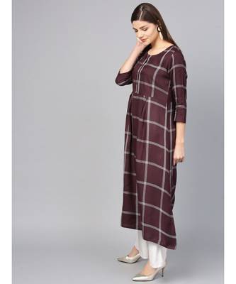 Women Brown Geometric A-Line Yarn Dyed Rayon Dress 2