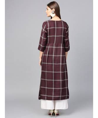 Women Brown Geometric A-Line Yarn Dyed Rayon Dress 3