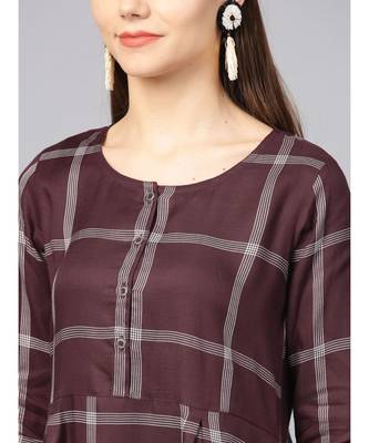 Women Brown Geometric A-Line Yarn Dyed Rayon Dress 4