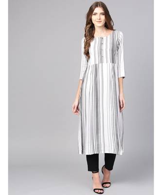 Women White Geometric A-Line Yarn Dyed Rayon Dress 1