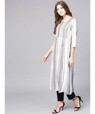 Women White Geometric A-Line Yarn Dyed Rayon Dress 2