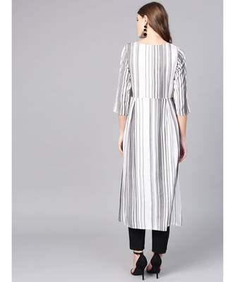 Women White Geometric A-Line Yarn Dyed Rayon Dress 3