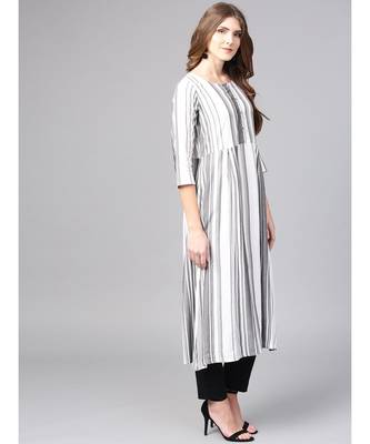 Women White Geometric A-Line Yarn Dyed Rayon Dress 5