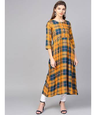 Women Mustard Geometric A-Line Yarn Dyed Rayon Dress 1