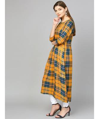 Women Mustard Geometric A-Line Yarn Dyed Rayon Dress 2