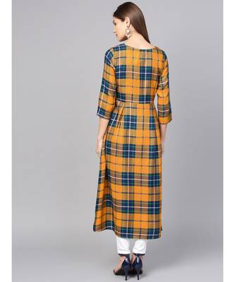 Women Mustard Geometric A-Line Yarn Dyed Rayon Dress 3