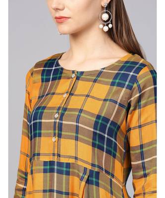 Women Mustard Geometric A-Line Yarn Dyed Rayon Dress 4