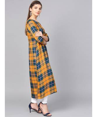 Women Mustard Geometric A-Line Yarn Dyed Rayon Dress 5
