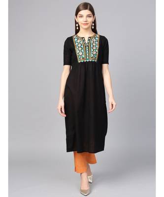 Women Black Embroidred A-Line Cotton Slub Kurta 1