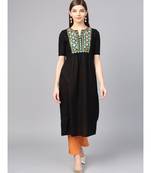 Women Black Embroidred A-Line Cotton Slub Kurta