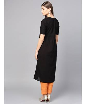 Women Black Embroidred A-Line Cotton Slub Kurta 2