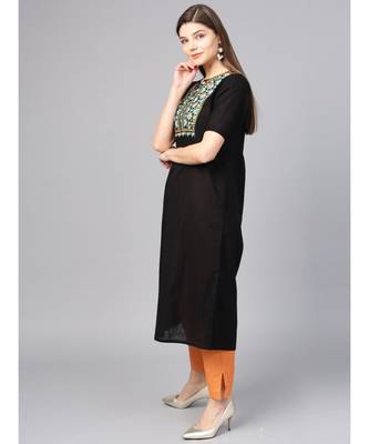 Women Black Embroidred A-Line Cotton Slub Kurta 3