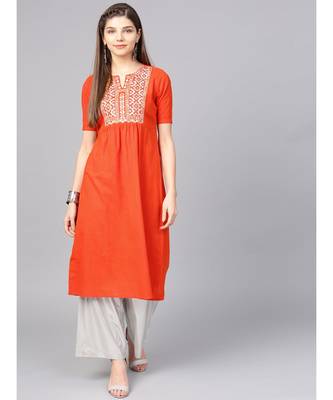 Women Orange Embroidred A-Line Cotton Slub Kurta 1