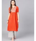 Women Orange Embroidred A-Line Cotton Slub Kurta