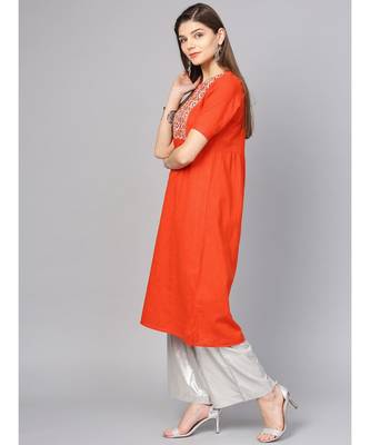 Women Orange Embroidred A-Line Cotton Slub Kurta 2