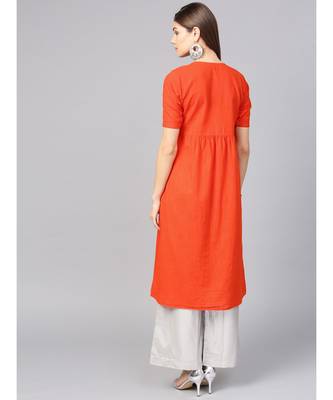 Women Orange Embroidred A-Line Cotton Slub Kurta 3