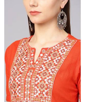 Women Orange Embroidred A-Line Cotton Slub Kurta 4