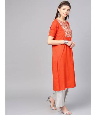 Women Orange Embroidred A-Line Cotton Slub Kurta 5