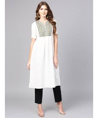 Women White Embroidred A-Line Cotton Slub Kurta 1