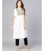Women White Embroidred A-Line Cotton Slub Kurta