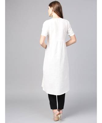 Women White Embroidred A-Line Cotton Slub Kurta 3