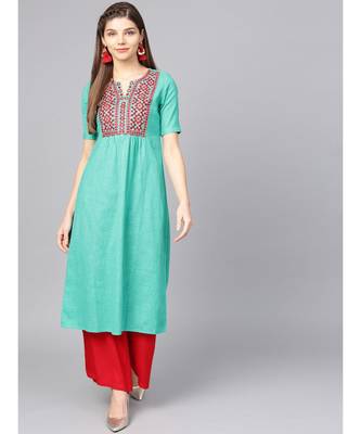 Women Sea Green Embroidred A-Line Cotton Slub Kurta 1