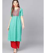 Women Sea Green Embroidred A-Line Cotton Slub Kurta