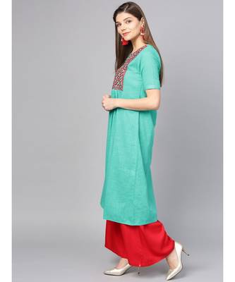 Women Sea Green Embroidred A-Line Cotton Slub Kurta 2