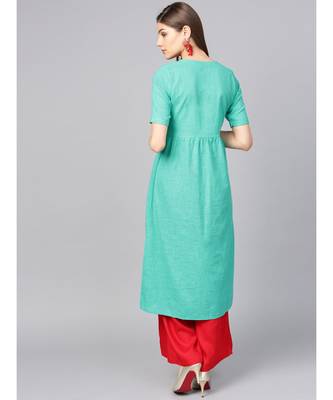 Women Sea Green Embroidred A-Line Cotton Slub Kurta 3