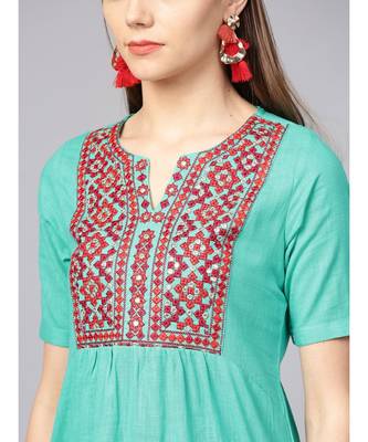 Women Sea Green Embroidred A-Line Cotton Slub Kurta 4