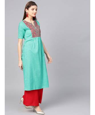 Women Sea Green Embroidred A-Line Cotton Slub Kurta 5