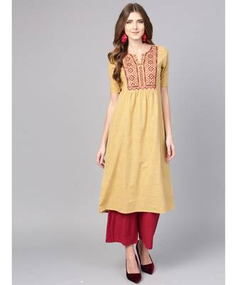 Women Beige Embroidred A-Line Cotton Slub Kurta 1