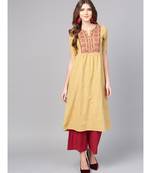 Women Beige Embroidred A-Line Cotton Slub Kurta