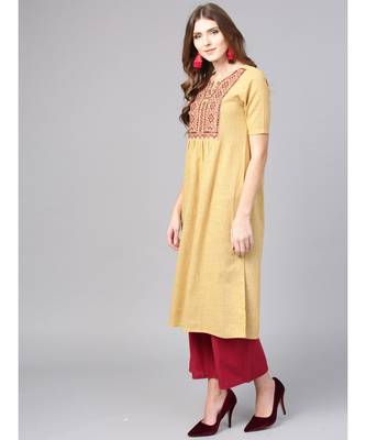 Women Beige Embroidred A-Line Cotton Slub Kurta 2