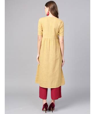 Women Beige Embroidred A-Line Cotton Slub Kurta 3