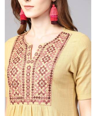Women Beige Embroidred A-Line Cotton Slub Kurta 4
