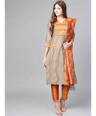 Women Beige & Mustered Solid Straight Chanderi Kurta With Pant brocade Dupatta 1
